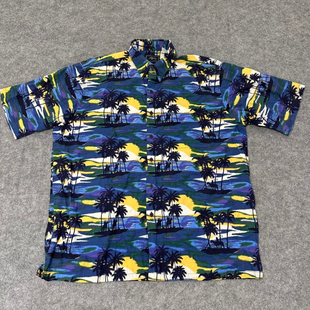 Roper Button Up Shirt Mens L Blue Tropical Palm Tree Cowboy Western Hawaiian